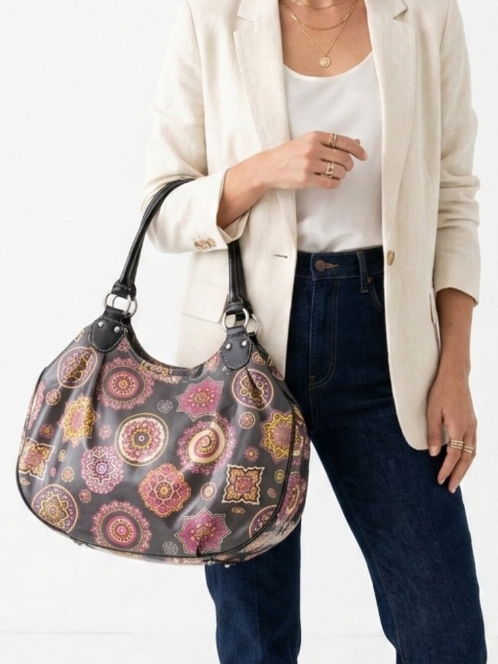 Giani Bernini Hobo Handbag Women Large Brown Pink Medallion Floral Shoulder Bag